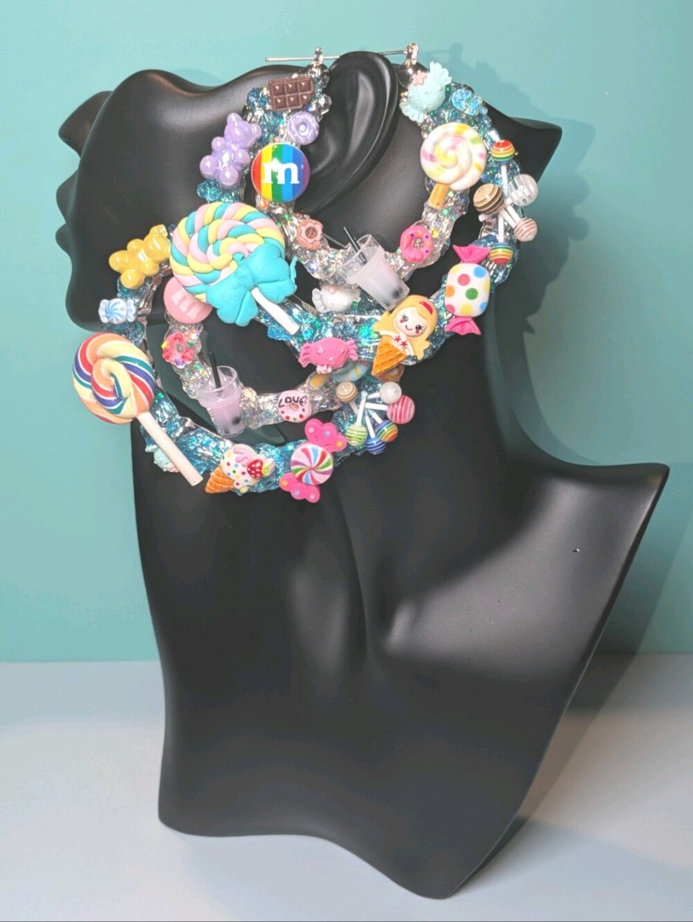Hand Crafted Decoden Pastel Candy Xl Hoop Earrings with Turquoise Accents